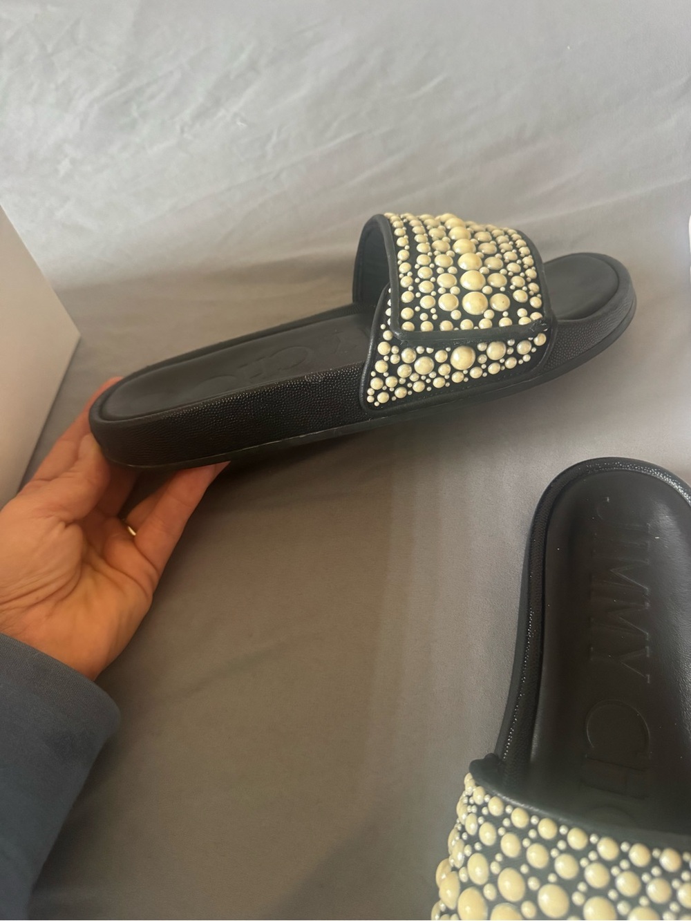 Jimmy Choo Black Slide Sandals with Pearl Embellishment - Picture 7 of 7